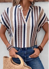 Striped Split Multi Color Short Sleeve Blouse