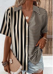 Striped Button Dark Camel Short Sleeve Blouse