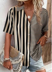 Striped Button Dark Camel Short Sleeve Blouse
