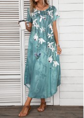 Floral Print Pocket Turquoise Shift Dress