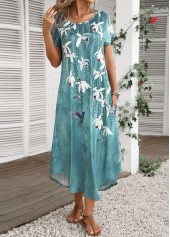 Floral Print Pocket Turquoise Shift Dress