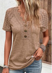 V Neck Lace Dark Camel T Shirt