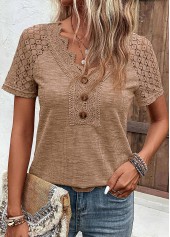 V Neck Lace Dark Camel T Shirt
