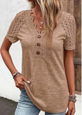 V Neck Lace Dark Camel T Shirt