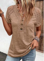 V Neck Lace Dark Camel T Shirt