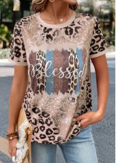 Leopard Patchwork Light Camel Round Neck T Shirt