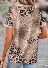 Leopard Patchwork Light Camel Round Neck T Shirt