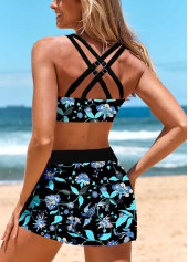 Mid Waisted Floral Print Criss Cross Bikini Set