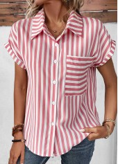 Striped Pocket Pink Shirt Collar Short Sleeve Blouse