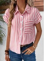Striped Pocket Pink Shirt Collar Short Sleeve Blouse