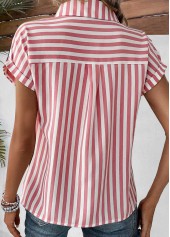 Striped Pocket Pink Shirt Collar Short Sleeve Blouse