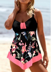 Random Floral Print Circular Ring Black Tankini Set