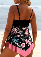 Random Floral Print Circular Ring Black Tankini Set