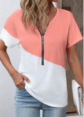 Zipper Round Neck Dusty Pink T Shirt