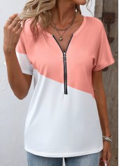 Zipper Round Neck Dusty Pink T Shirt