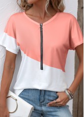 Zipper Round Neck Dusty Pink T Shirt