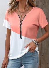 Zipper Round Neck Dusty Pink T Shirt
