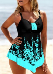 Floral Print Patchwork Black Tankini Set