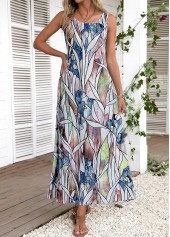 Round Neck Leaf Print Multi Color Maxi Dress