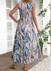 Round Neck Leaf Print Multi Color Maxi Dress