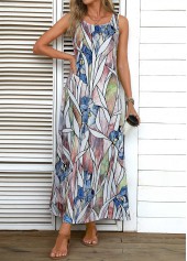 Round Neck Leaf Print Multi Color Maxi Dress