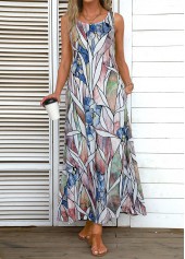 Round Neck Leaf Print Multi Color Maxi Dress