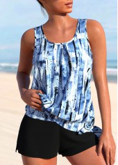 Mid Waisted Geometric Print Patchwork Blue Tankini Set
