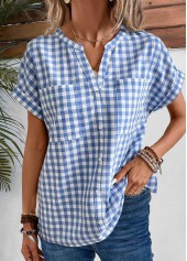 Plaid Split Denim Blue Short Sleeve Blouse