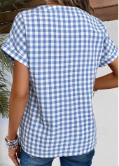 Plaid Split Denim Blue Short Sleeve Blouse