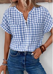 Plaid Split Denim Blue Short Sleeve Blouse
