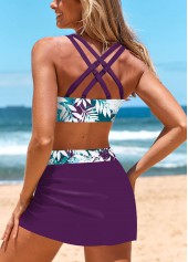 Mid Waisted Leaf Print Drawstring Purple Bikini Set