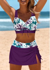 Mid Waisted Leaf Print Drawstring Purple Bikini Set