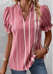 Striped Frill Pink Short Sleeve Split Neck Blouse