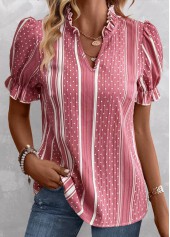 Striped Frill Pink Short Sleeve Split Neck Blouse