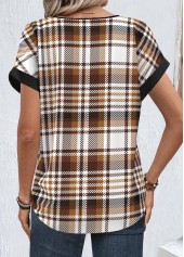 Plaid Zipper Light Coffee Short Sleeve Round Neck Blouse