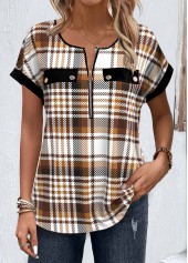 Plaid Zipper Light Coffee Short Sleeve Round Neck Blouse