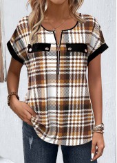 Plaid Zipper Light Coffee Short Sleeve Round Neck Blouse