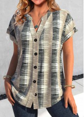 Geometric Print Button Light Camel Split Neck Blouse