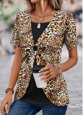 Leopard Dark Coffee Short Sleeve Fake Two Piece Twinset