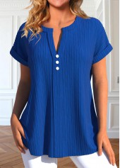 Royal Blue Split Neck Short Sleeve Button Blouse