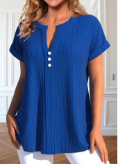 Royal Blue Split Neck Short Sleeve Button Blouse