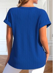 Royal Blue Split Neck Short Sleeve Button Blouse