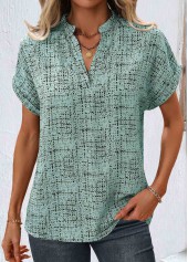 Geometric Print Split Sage Green Short Sleeve Blouse