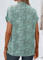 Geometric Print Split Sage Green Short Sleeve Blouse