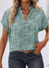 Geometric Print Split Sage Green Short Sleeve Blouse