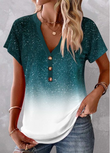 Plus Size Turquoise Button Ombre Short Sleeve Blouse 33$