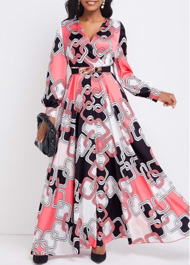 Geometric Print Umbrella Hem Pink Maxi Dress 45$