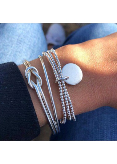 Beads Detail Twist Silver Round Bracelet Set