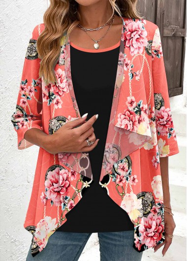 Floral Print Fake 2in1 Peach Red Blouse