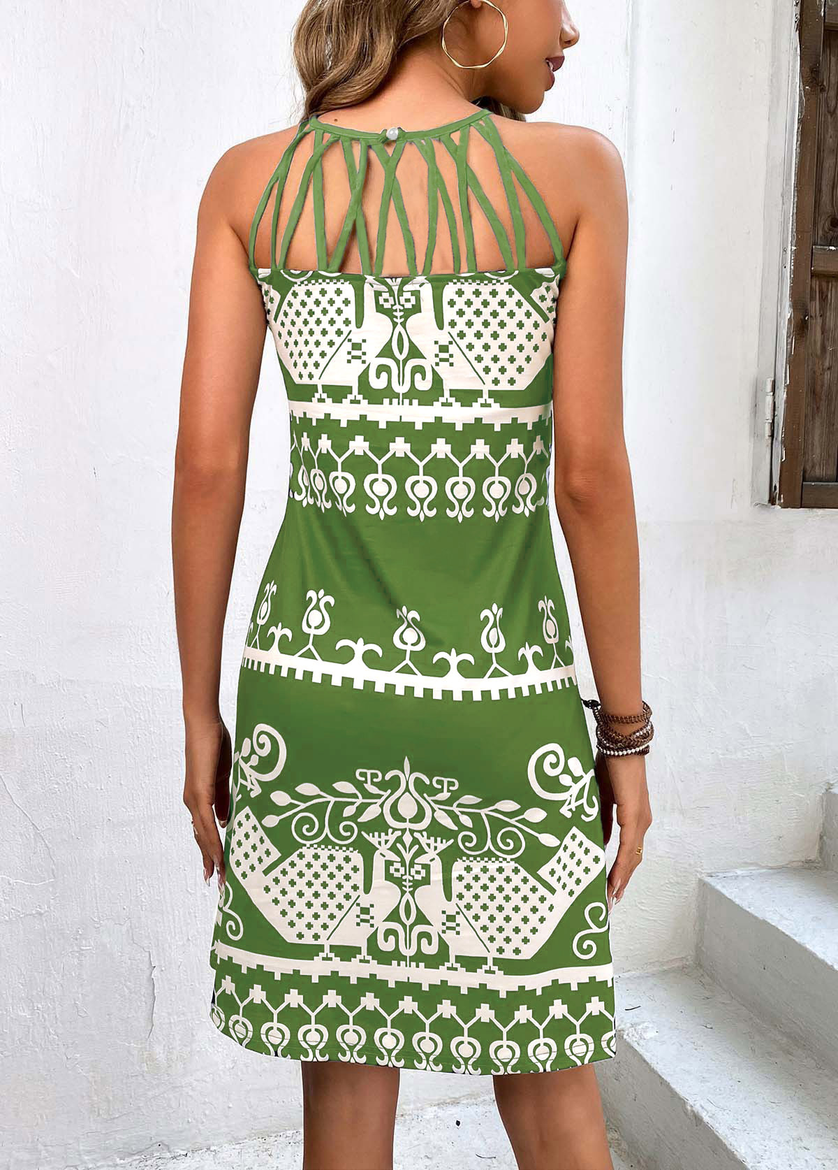 Tribal Print Cage Neck Avocado Green Dress